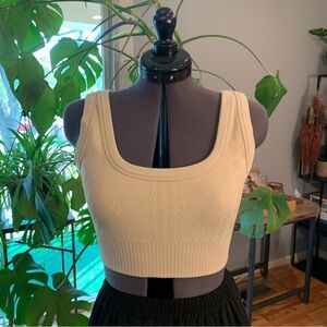 JoyLab Sweater Ribbed Knit Texture Crop Top Sports Bra, Beige, Size M